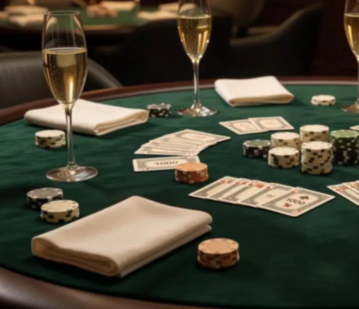 Elegánsan megvilágított poker asztal, finom italokkal és beszélgető vendégekkel.