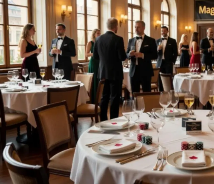 Elegáns esti vacsorajelenet a Tablean Dtastee étteremben, gondosan megterített asztalokkal és meleg hangulatvilágítással.