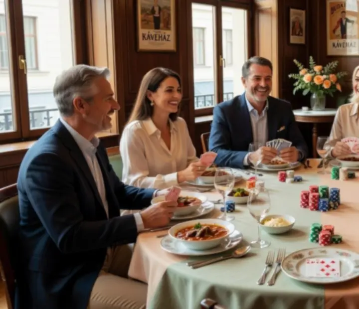 Baráti társaság elegáns offline poker esten, gyertyafényes vacsoraasztalnál