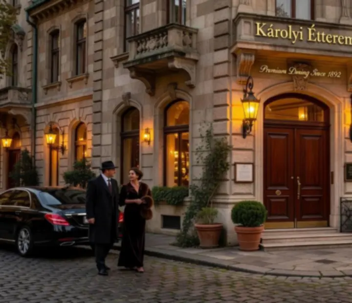 Budapesti étterem elegáns külső homlokzata esti megvilágításban