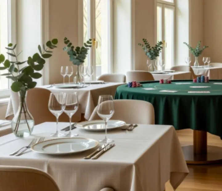 Elegánsan megterített éttermi asztal poker-zsetonokkal és porcelán tányérokkal