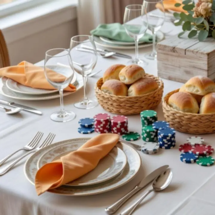 Elegáns, porcelán tányérokkal és lenvászon szalvétákkal megterített póker-tematikus vacsoraasztal.